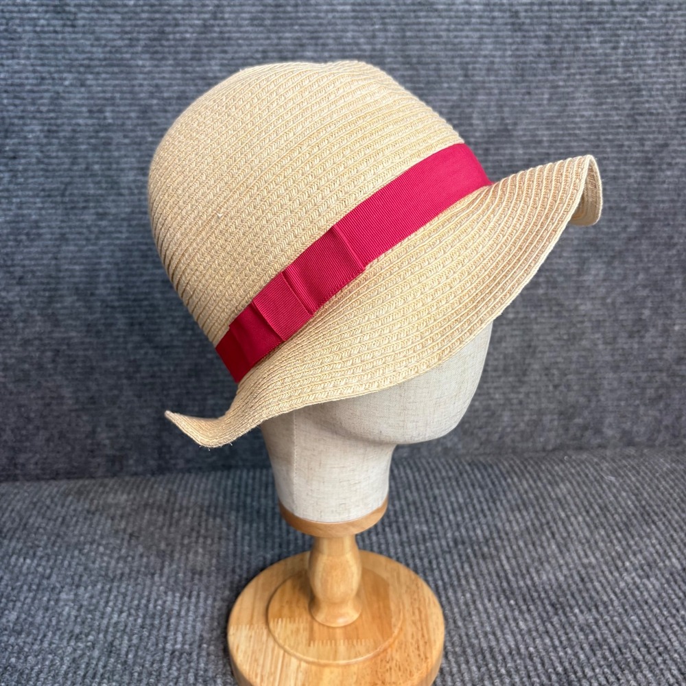 August Accessories Straw Sun Hat Cream Pink Ribbon Floppy Brim Resort